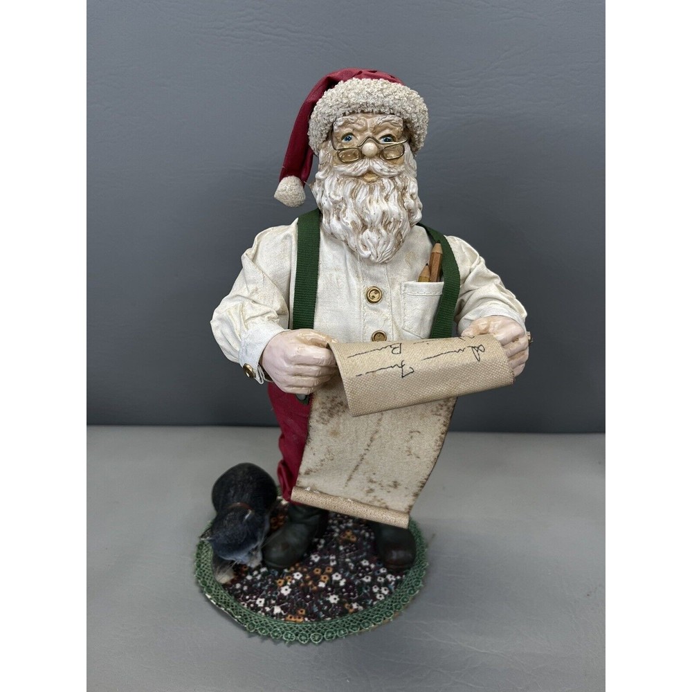Collectible Handcrafted Santa Checking His List Kitty Cat Helper on Rug Vintage